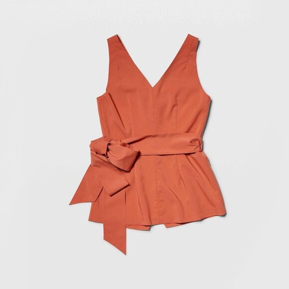 NWT Club Monaco burnt orange V-neck crossover belt-tie sleeveless blouse top - Picture 1 of 4